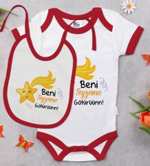 BK Kids Beni Teyzeme Götürün Tasarımlı Kırmızı Bebek Body Zıbın ve Mama Önlüğü Hediye Seti-1
