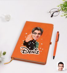 Kişiye Özel Matrix Neo Karikatürlü Turuncu Termo Deri Defter Kalem Seti Model 1