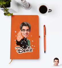 Kişiye Özel Matrix Neo Karikatürlü Turuncu Termo Deri Defter Kalem Seti Model 1