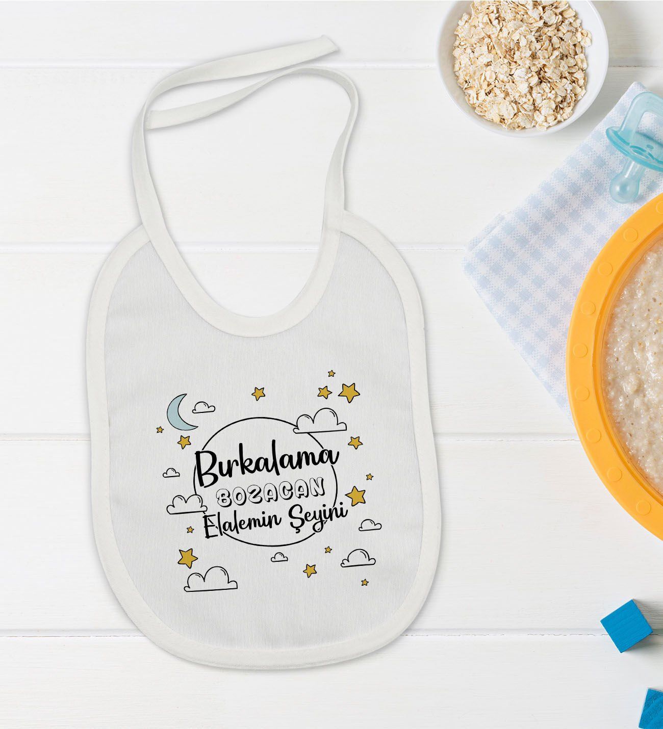 BK Kids Bırkalama Tasarımlı Beyaz Bebek Mama Önlüğü-1