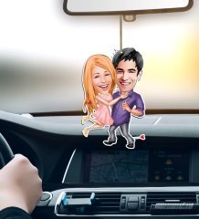 Kişiye Özel Sevgililer Karikatürlü Ahşap Araba Dikiz Ayna Süsü-3