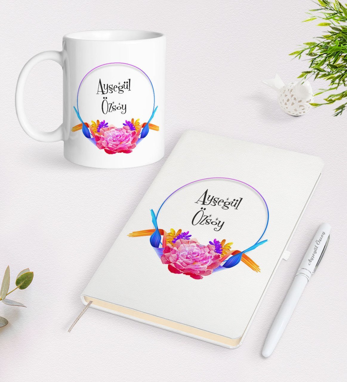 Kişiye Özel İsimli Beyaz Defter Kalem Kupa Seti-3