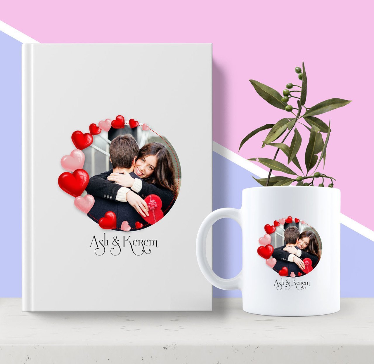 Kişiye Özel Kalpli Fotoğraflı Beyaz Defter ve Kupa Seti 11