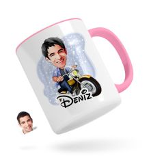 Kişiye Özel Erkek Motorcu Karikatürlü Pembe Kupa Bardak-1