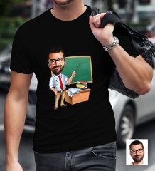 Kişiye Özel Bay Öğretmen Karikatürlü Siyah T-Shirt