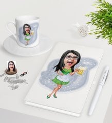 Kişiye Özel Bayan Karikatürlü Beyaz Defter Kalem Türk Kahvesi Fincanı Seti-30