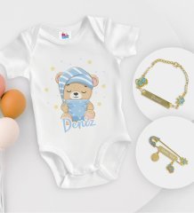 BK Kids Kişiye Özel İsimli Beyaz Bebek Body Zıbın Erkek Bebek Künyesi ve İğnesi Hediye Seti-7