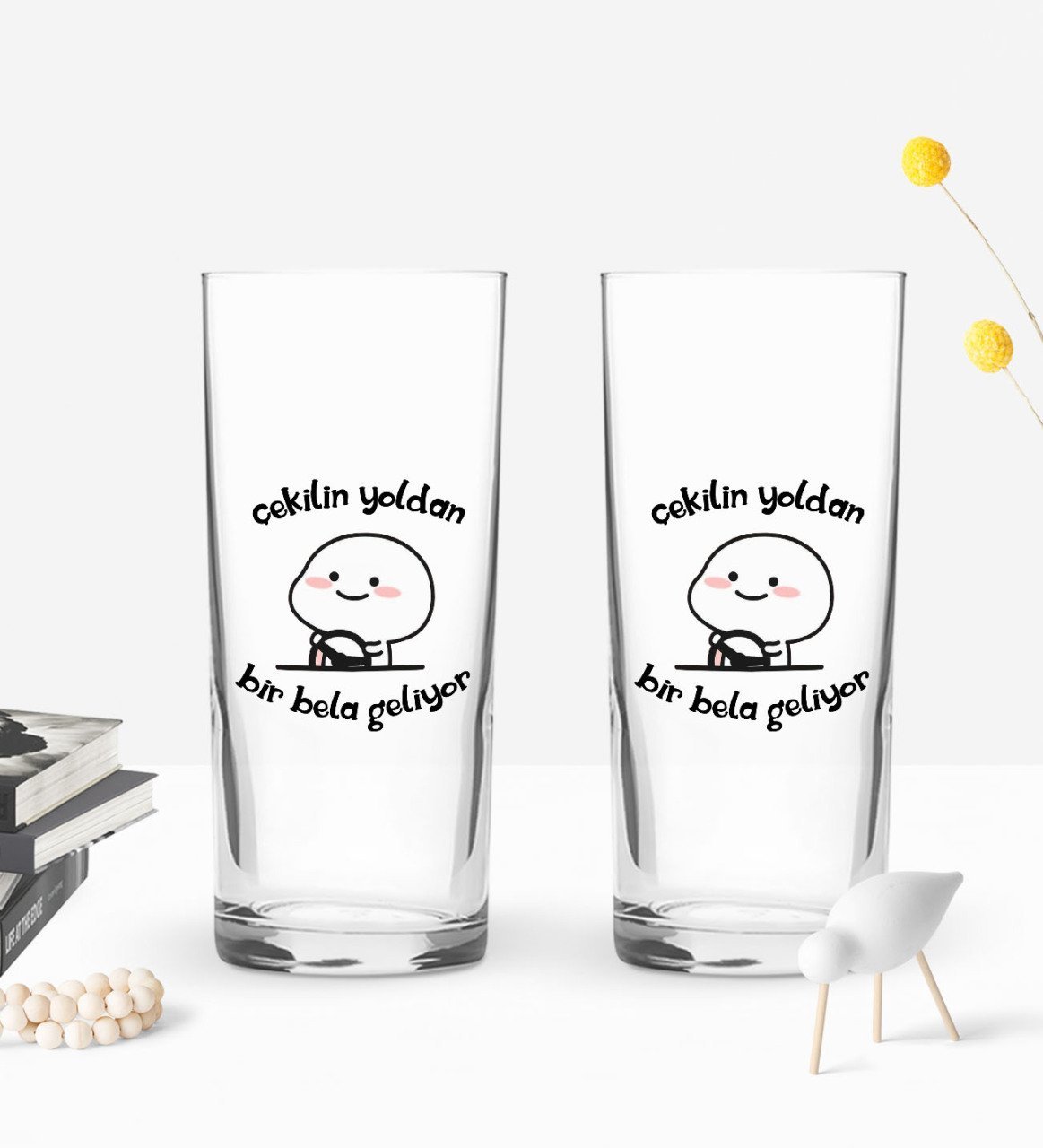 Bk Gift Renkli Baskılı Bir Bela Geliyor Tasarımlı İkili Rakı Bardağı Seti-1