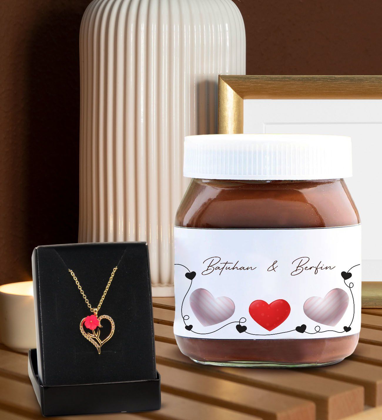 BK Gift Sevgiliye Özel Aşk Çiçeği Kalp Kolye ve Nutella 400gr. Hediye Seti, Sevgililer Günü Hediye, Doğum Günü Hediyesi, Sevgiliye Hediye-2