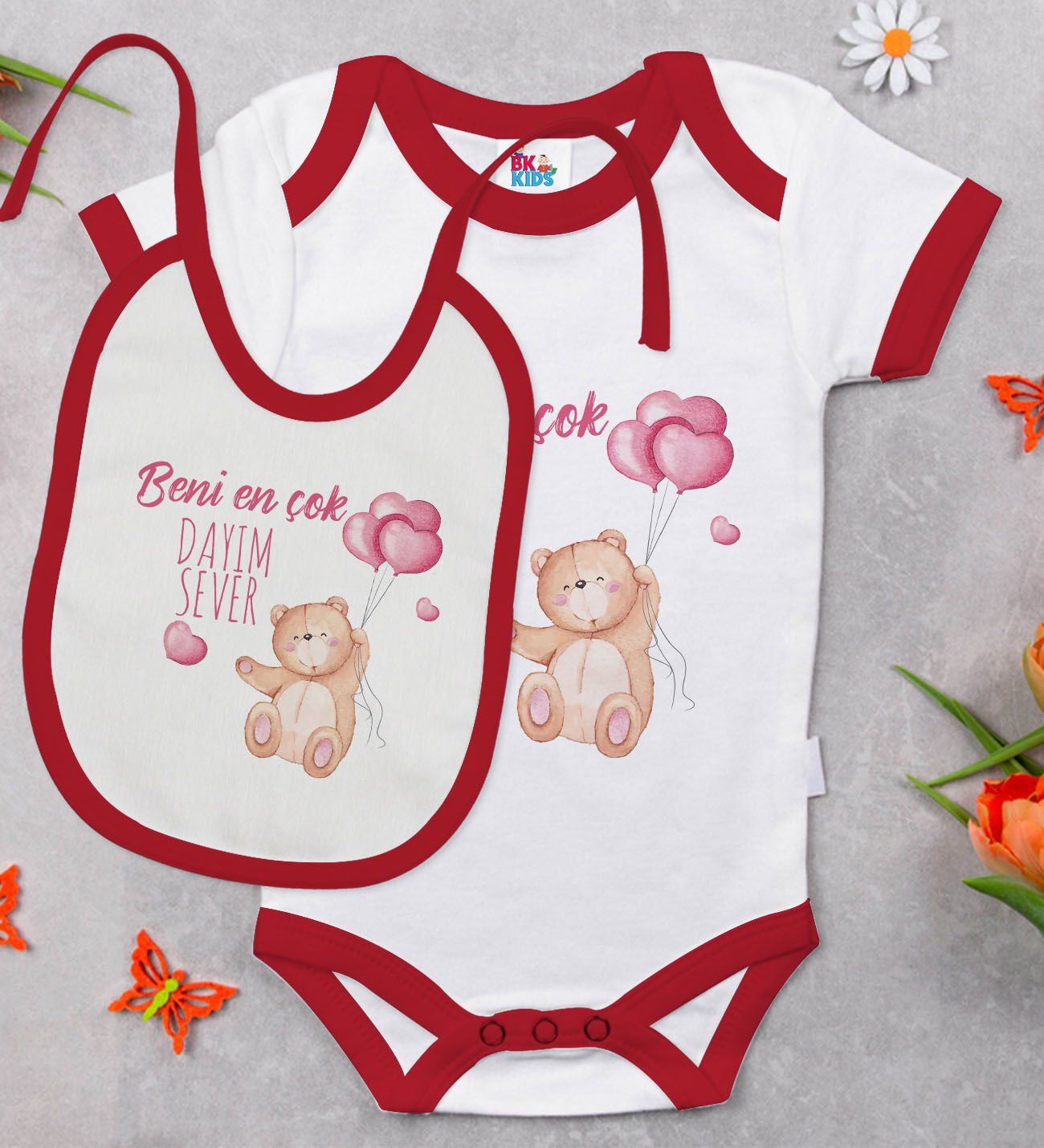 BK Kids Beni En Çok Dayım Sever Tasarımlı Kırmızı Bebek Body Zıbın ve Mama Önlüğü Hediye Seti-1