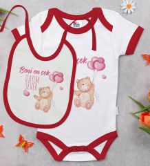 BK Kids Beni En Çok Dayım Sever Tasarımlı Kırmızı Bebek Body Zıbın ve Mama Önlüğü Hediye Seti-1