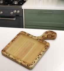 BK Gift Retro Motif Tasarımlı Kare Şeklinde Doğal Ahşap Servis ve Sunum Tabağı Model 3