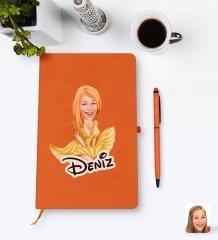 Kişiye Özel Marilyn Monroe Karikatürlü Turuncu Termo Deri Defter Kalem Seti Model 1