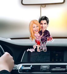 Kişiye Özel Sevgililer Karikatürlü Ahşap Araba Dikiz Ayna Süsü-2