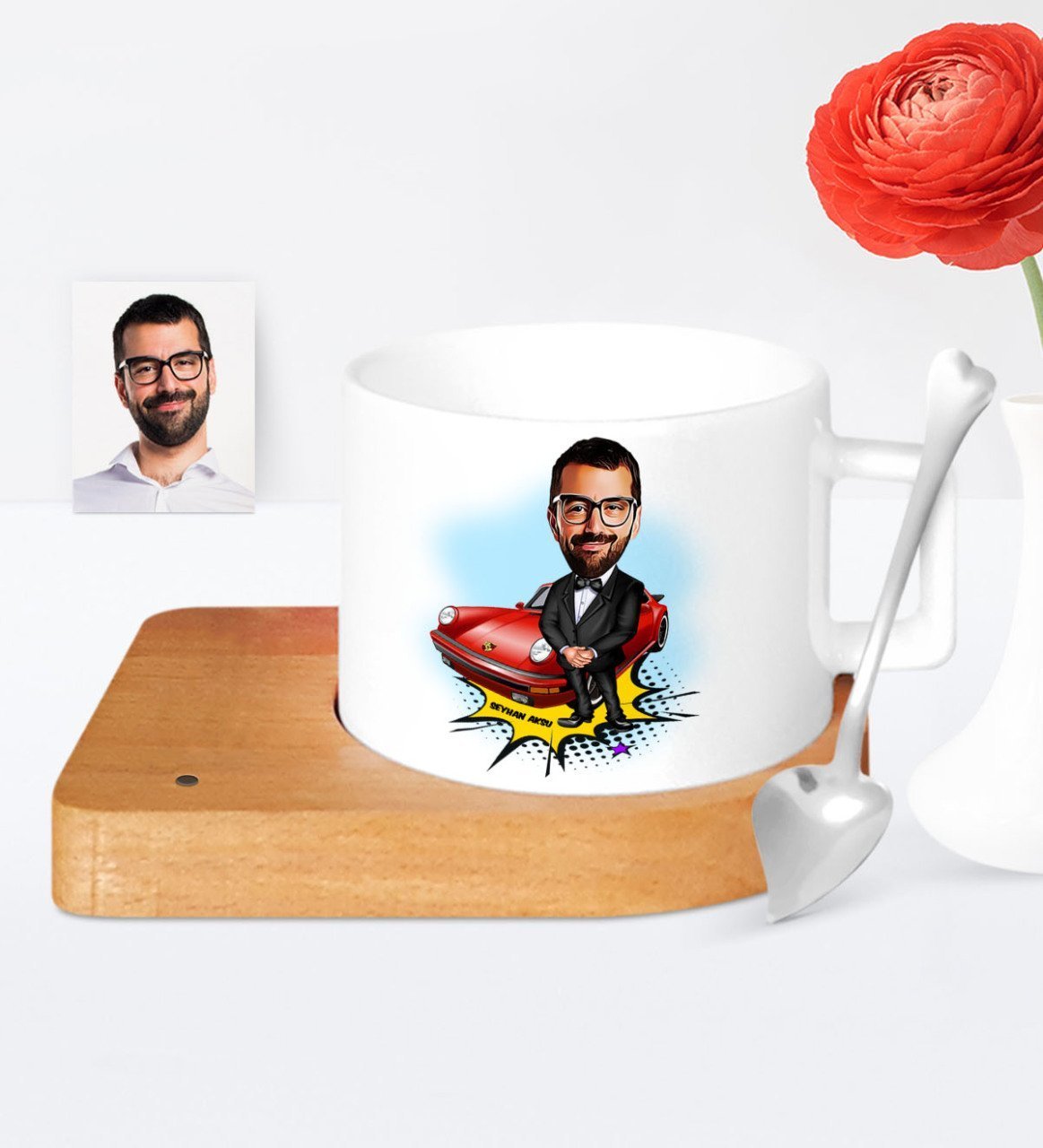 Kişiye Özel Patron Karikatür Ahşap Altlıklı Seramik Fincan - 1