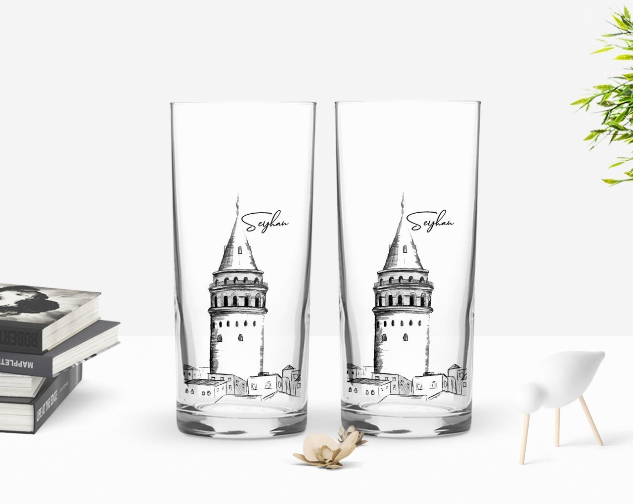 Kişiye Özel Renkli Baskılı Galata Kulesi Tasarımlı İkili Rakı Bardağı Seti-10