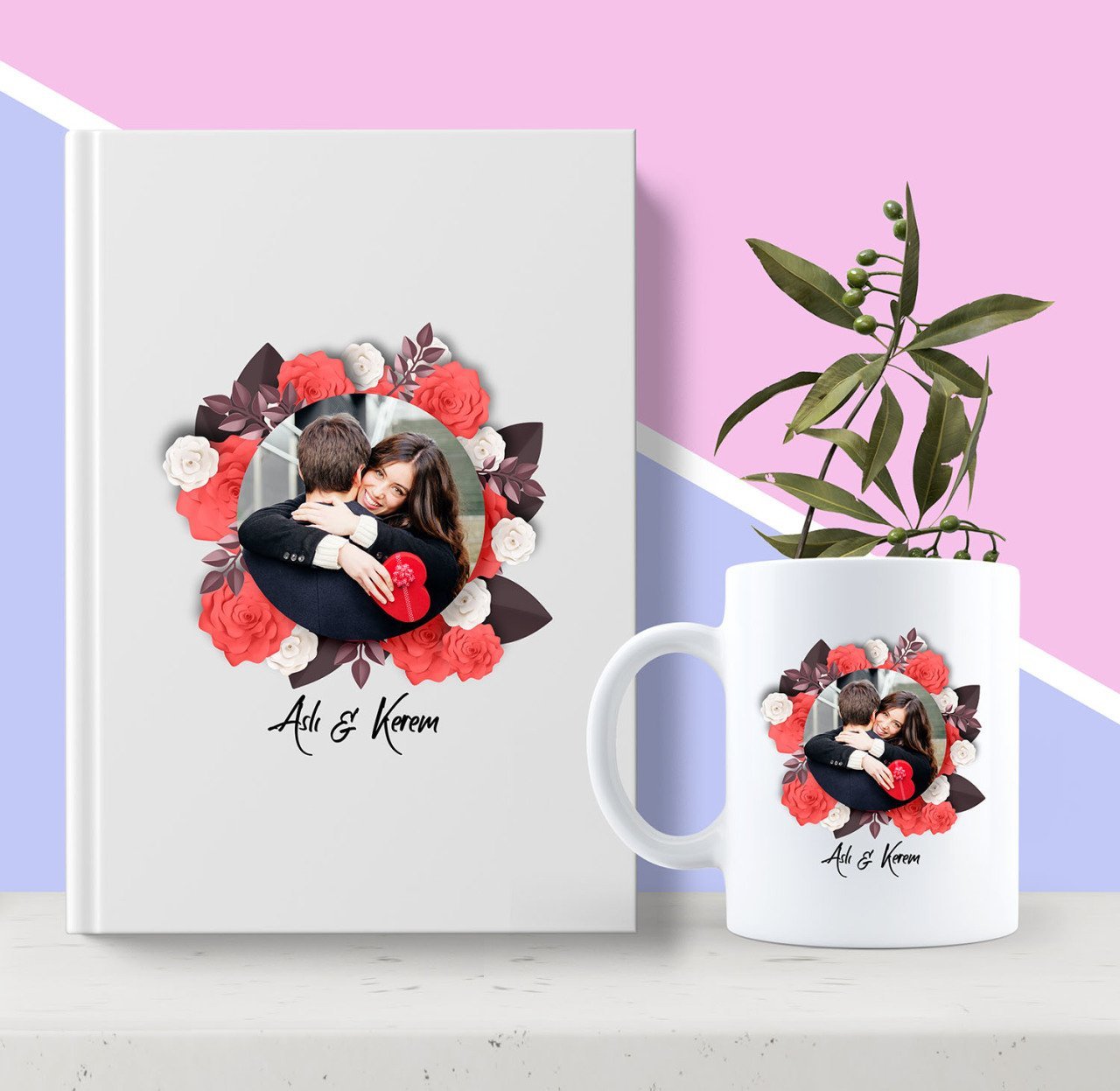 Kişiye Özel Fotoğraflı Çiçek Temalı Beyaz Defter ve Kupa Seti