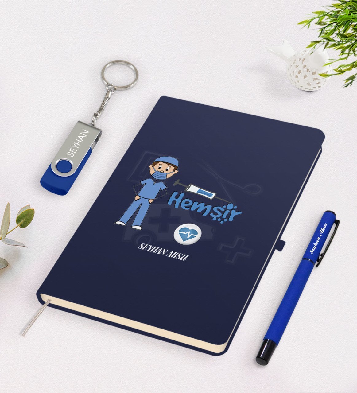 Kişiye Özel Hemşir Temalı Lacivert Defter Kalem 32gb USB Bellek Hediye Seti-1