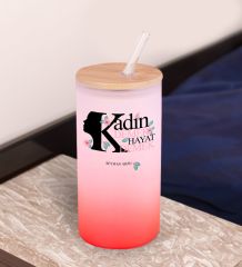 BK Gift Kadınlar Gününe Özel İsimli Kırmızı Renk Pipetli Buzlu Cam Bardak 600ml - 1, 8 Mart Kadınlar Günü