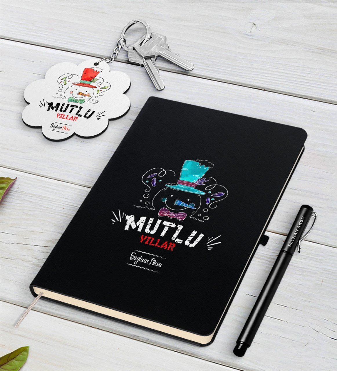 Kişiye Özel Yılbaşı Mutlu Yıllar Siyah Defter Kalem ve Anahtarlık Hediye Seti-5