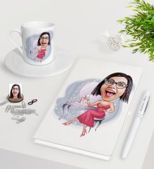 Kişiye Özel Bayan Karikatürlü Beyaz Defter Kalem Türk Kahvesi Fincanı Seti-23