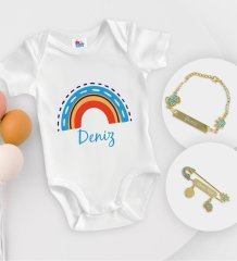BK Kids Kişiye Özel İsimli Beyaz Bebek Body Zıbın Erkek Bebek Künyesi ve İğnesi Hediye Seti-2
