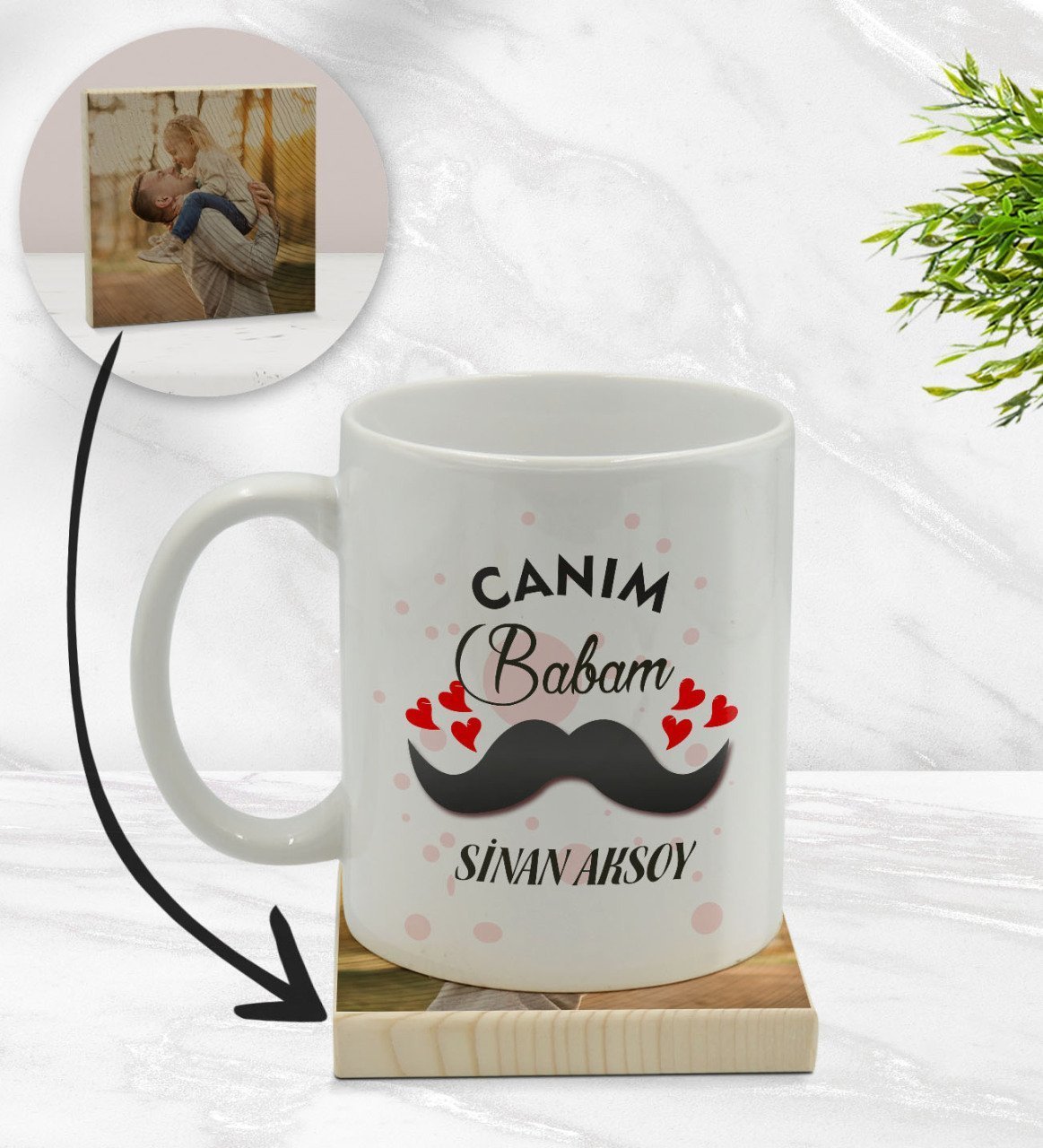 Kişiye Özel Canım Babam Tasarımlı Beyaz Kupa Bardak ve Ahşap Bardak Altlığı Hediye Seti - Model 2