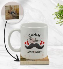 Kişiye Özel Canım Babam Tasarımlı Beyaz Kupa Bardak ve Ahşap Bardak Altlığı Hediye Seti - Model 2