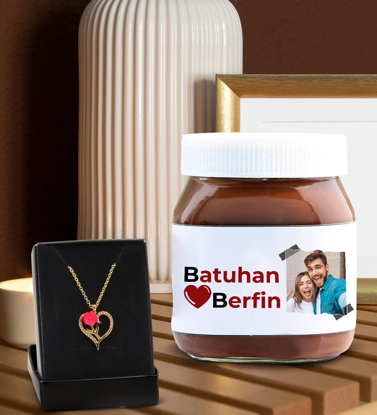BK Gift Sevgiliye Özel Aşk Çiçeği Kalp Kolye ve Nutella 400gr. Hediye Seti, Sevgililer Günü Hediye, Doğum Günü Hediyesi, Sevgiliye Hediye