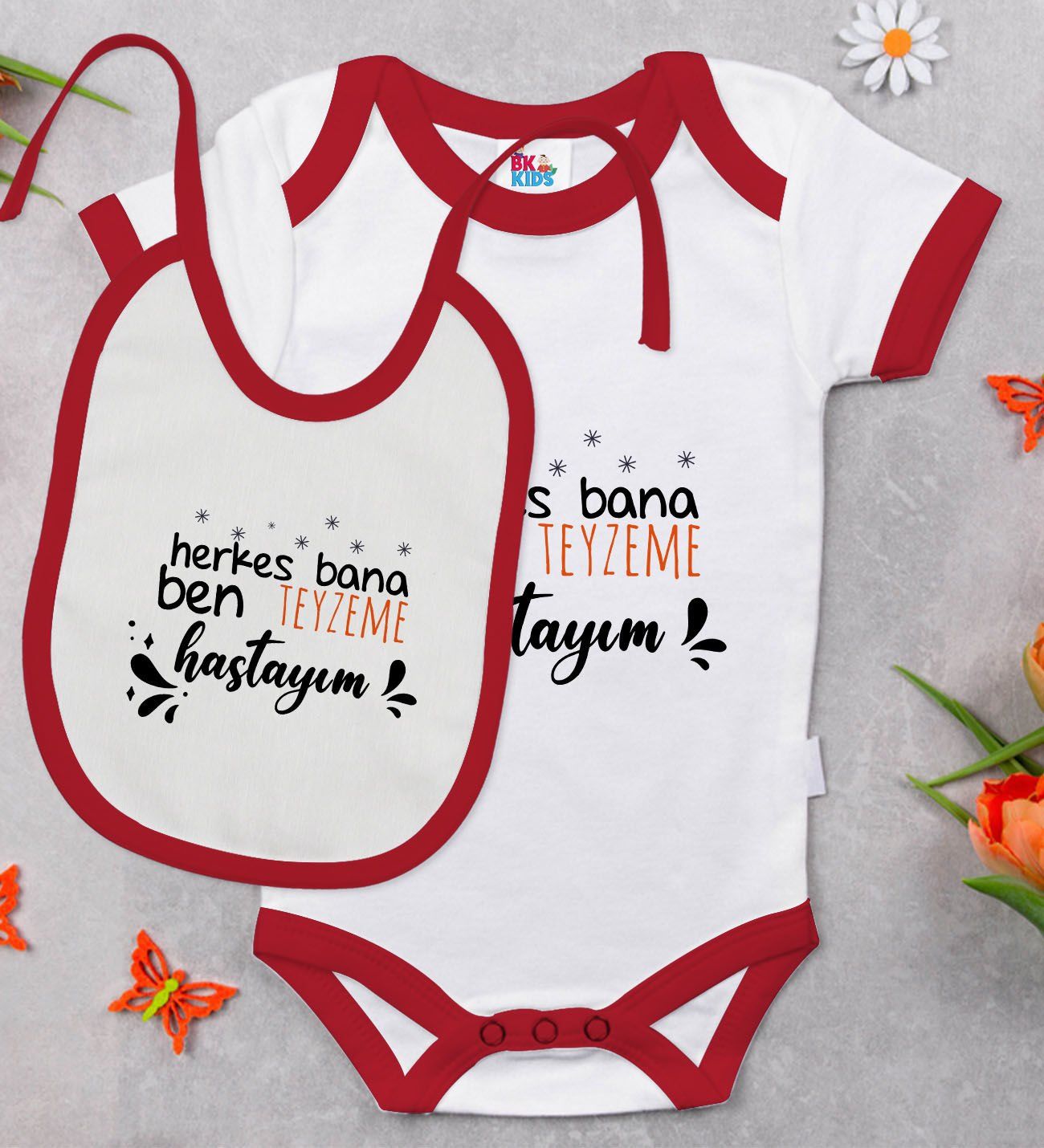 BK Kids Teyzeme Hastayım Tasarımlı Kırmızı Bebek Body Zıbın ve Mama Önlüğü Hediye Seti-1