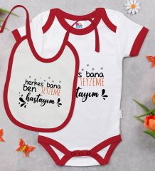 BK Kids Teyzeme Hastayım Tasarımlı Kırmızı Bebek Body Zıbın ve Mama Önlüğü Hediye Seti-1