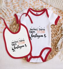 BK Kids Teyzeme Hastayım Tasarımlı Kırmızı Bebek Body Zıbın ve Mama Önlüğü Hediye Seti-1