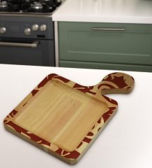 BK Gift Retro Motif Tasarımlı Kare Şeklinde Doğal Ahşap Servis ve Sunum Tabağı Model 2
