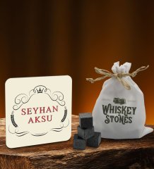 BK Gift Kişiye Özel Ahşap Bardak Altlığı ve 6’lı Granit Viski Taşı Hediye Seti - Model 4
