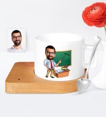 Kişiye Özel Öğretmen Karikatür Ahşap Altlıklı Seramik Fincan - 2