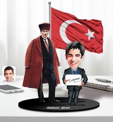 BK Gift Kişiye Özel Atatürk ve Kadın Öğretmen Temalı 2 Katmanlı Karikatürlü Ahşap Biblo- 1, Öğretmene Hediye, Öğretmenler Günü, 100. Yıl Hediyesi