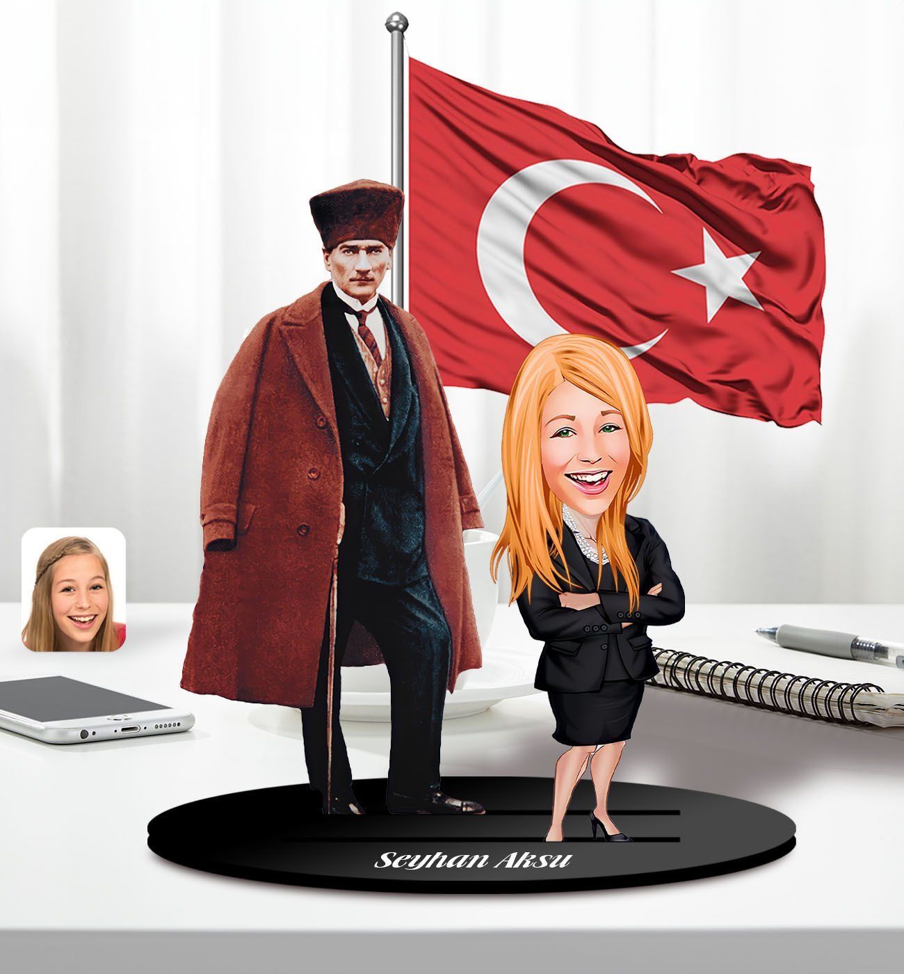 BK Gift Kişiye Özel Atatürk ve Kadın Öğretmen Temalı 2 Katmanlı Karikatürlü Ahşap Biblo- 1, Öğretmene Hediye, Öğretmenler Günü, 100. Yıl Hediyesi