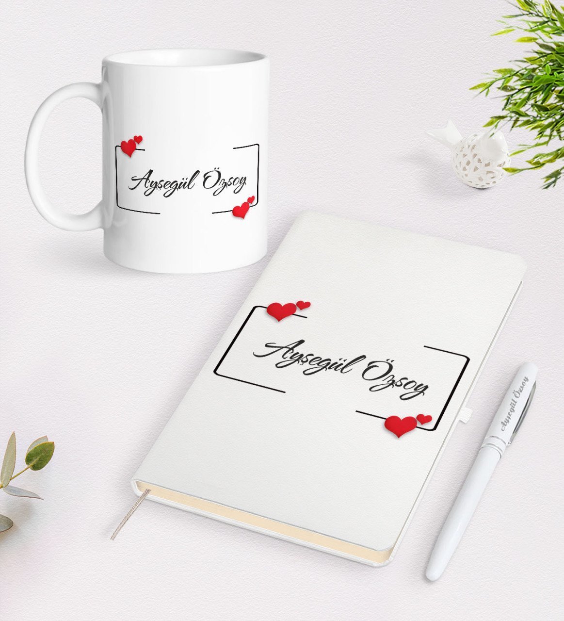 Kişiye Özel İsimli Beyaz Defter Kalem Kupa Seti-1