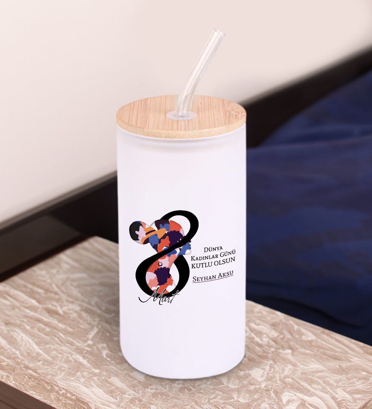 BK Gift Kadınlar Gününe Özel İsimli Beyaz Renk Pipetli Buzlu Cam Bardak 600ml - 3, 8 Mart Kadınlar Günü