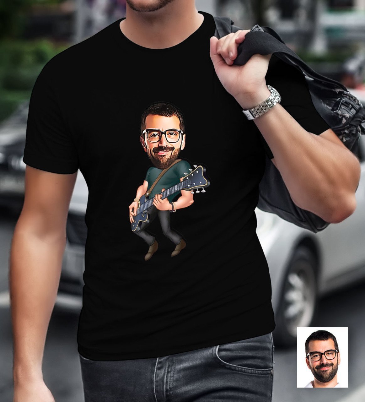 Kişiye Özel Bay Gitarist Karikatürlü Siyah T-Shirt