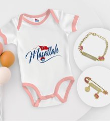 BK Kids Kişiye Özel Maşallah Tasarımlı Pembe Bebek Body Zıbın Kız Bebek Künyesi ve İğnesi Hediye Seti-3