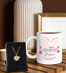 BK Gift Kişiye Özel İsimli Anneler Günü  Beyaz Kupa ve Papatya Kolye Hediye Seti, Anneler Günü Hediyeleri, Anneye Hediye-10