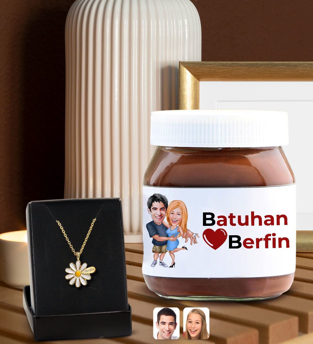 BK Gift Sevgiliye Özel İsimli Papatya Kolye ve Karikatürlü Nutella 400gr. Hediye Seti, Sevgililer Günü Hediye, Doğum Günü Hediyesi, Sevgiliye Hediye-10
