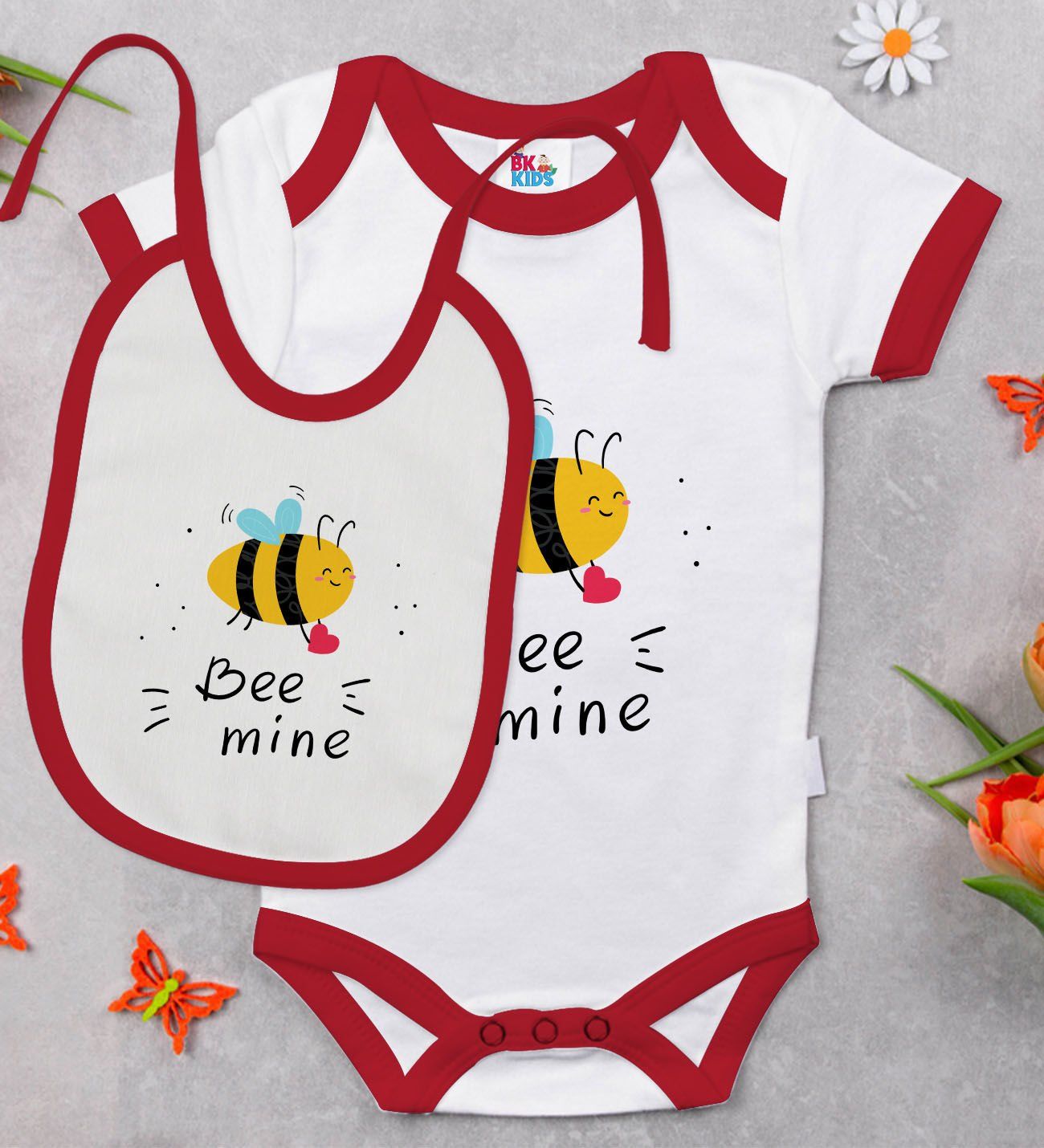 BK Kids Be Mine Tasarımlı Kırmızı Bebek Body Zıbın ve Mama Önlüğü Hediye Seti-1