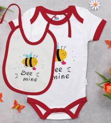 BK Kids Be Mine Tasarımlı Kırmızı Bebek Body Zıbın ve Mama Önlüğü Hediye Seti-1