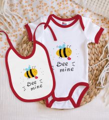 BK Kids Be Mine Tasarımlı Kırmızı Bebek Body Zıbın ve Mama Önlüğü Hediye Seti-1