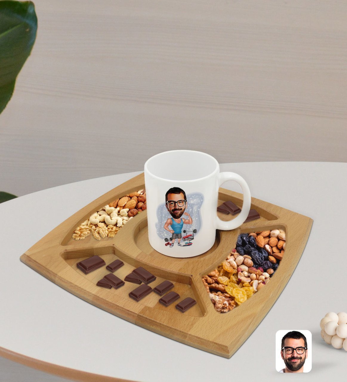 Kişiye Özel Fitnessci Karikatürlü Beyaz Kupa ve Doğal Masif Ahşap 4 Bölmeli Sunum Tabağı Çerezlik Hediye Seti-1