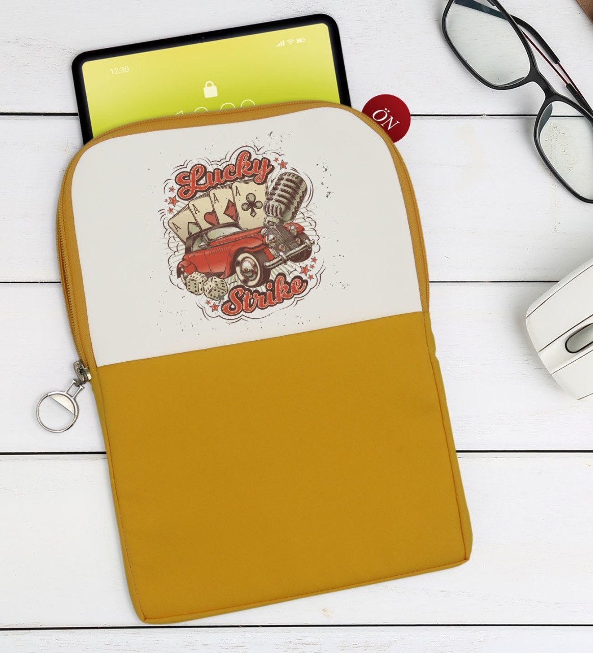 BK Gift Lucky Strike Tasarımlı Taşınabilir Koruyucu Tablet Kılıfı & Organizer Çanta - Sarı-1