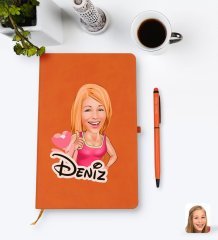 Kişiye Özel Kadın Karikatürlü Turuncu Termo Deri Defter Kalem Seti Model 49