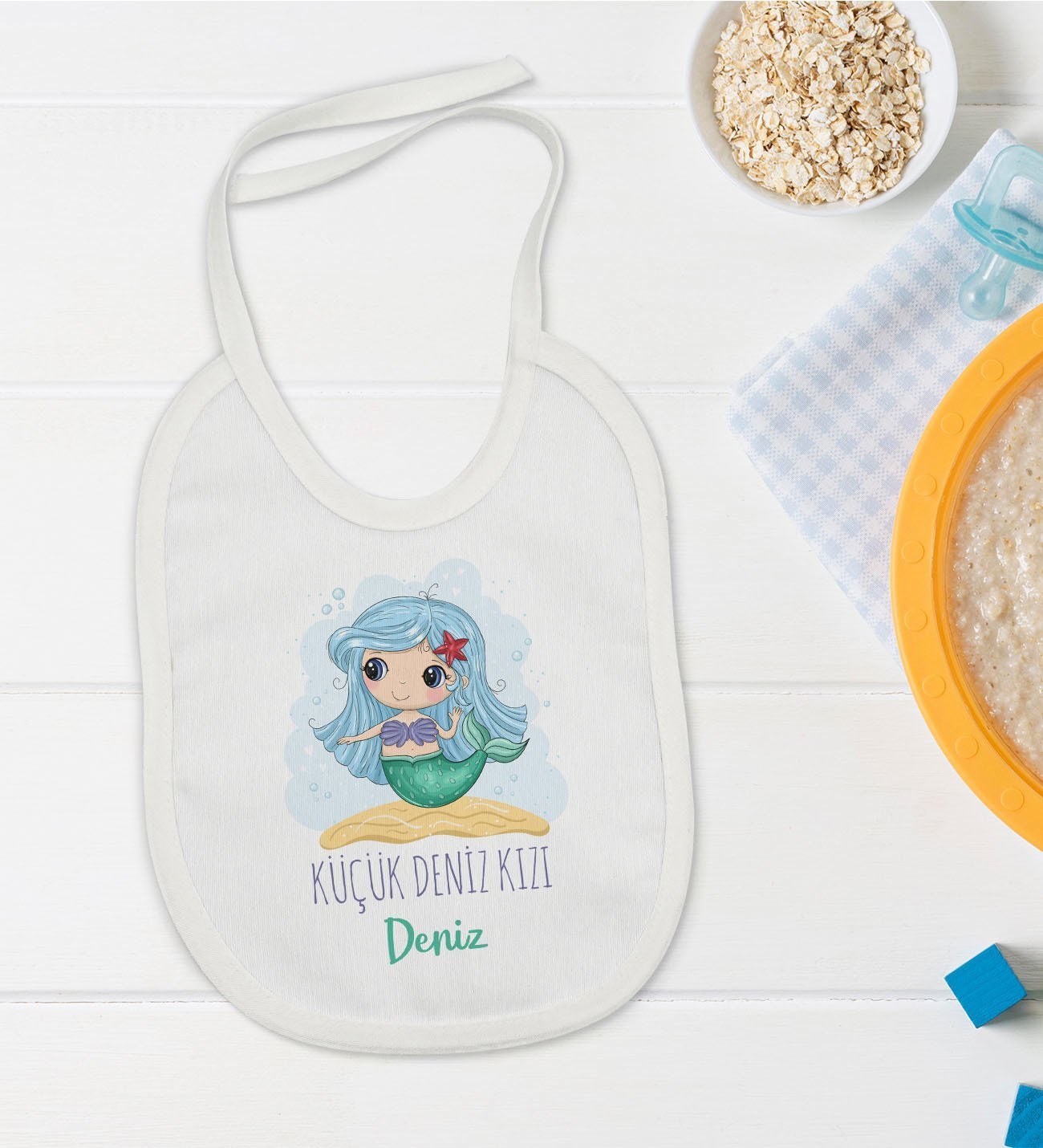 BK Kids Kişiye Özel Küçük Deniz Kızı Tasarımlı Bebek Mama Önlüğü - Model 1